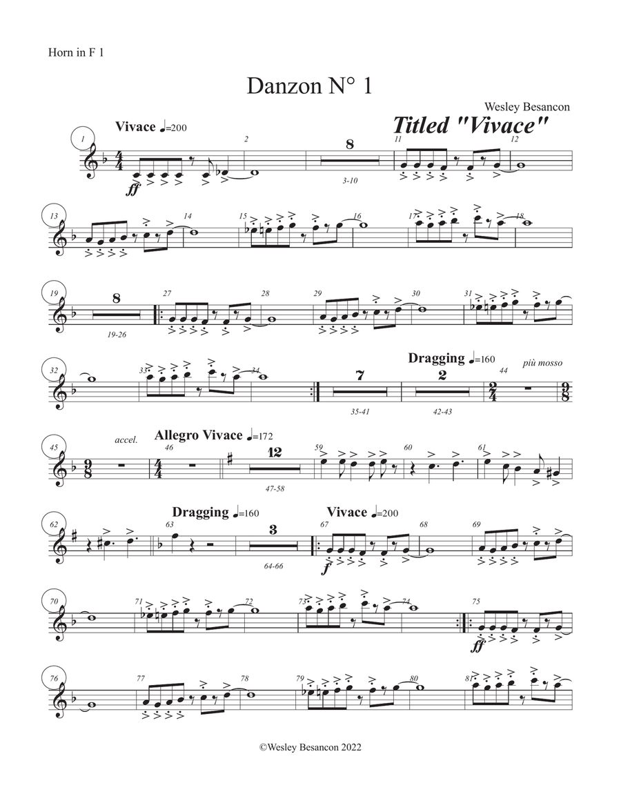 5 Danzons for Orchestra (1st Horn in F) Horn Solo scores gallery preview page 1