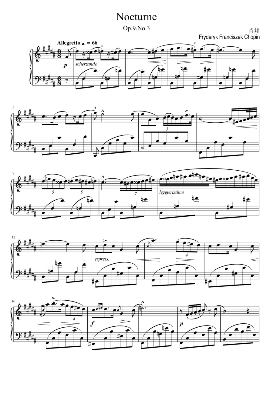 Nocturne Op.9 NO.3 - Fryderyk Franciszek Chopin Piano Solo scores gallery preview page 1