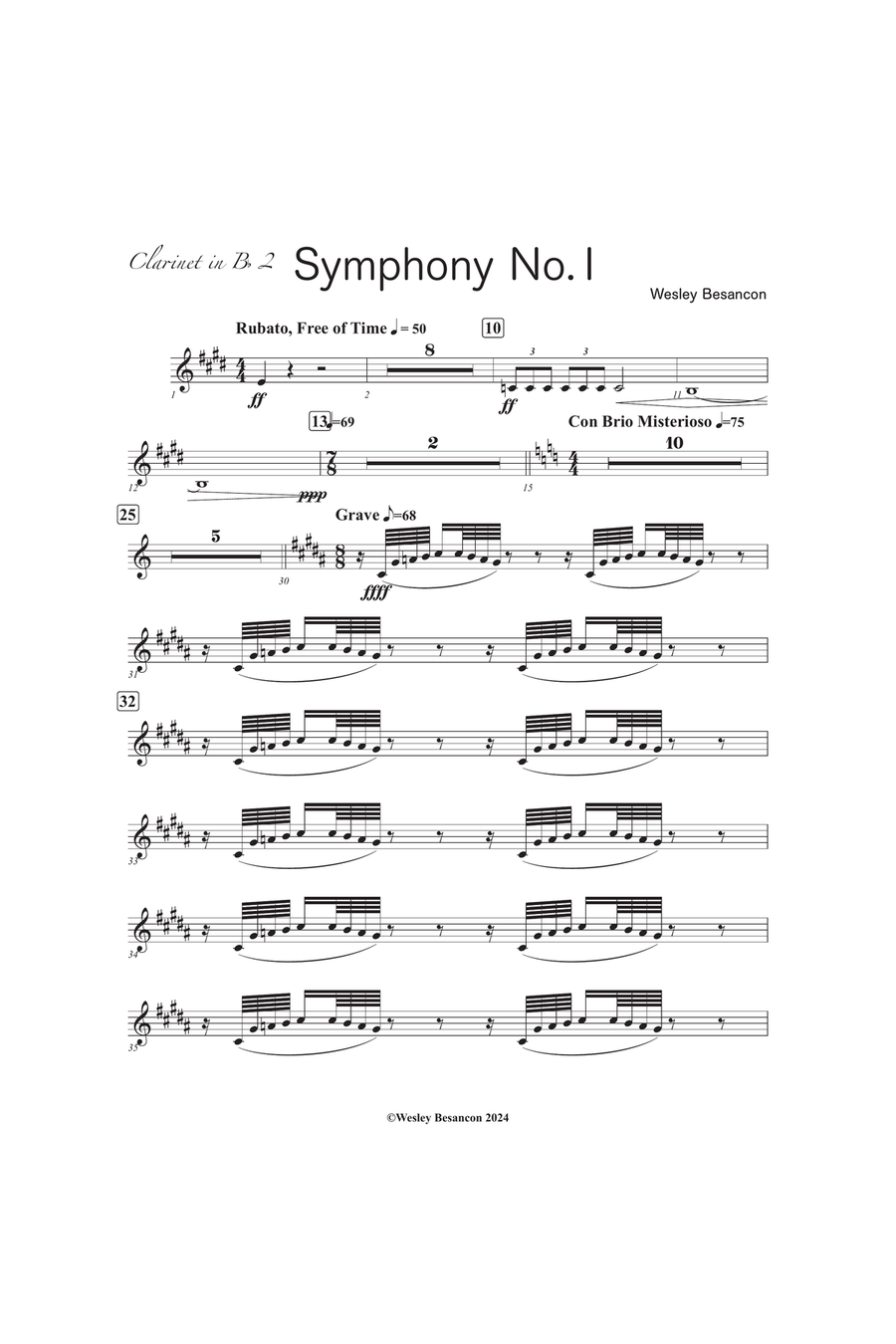 Symphony No. 1 (2nd Clarinet in Bb) B-Flat Clarinet scores gallery preview page 1