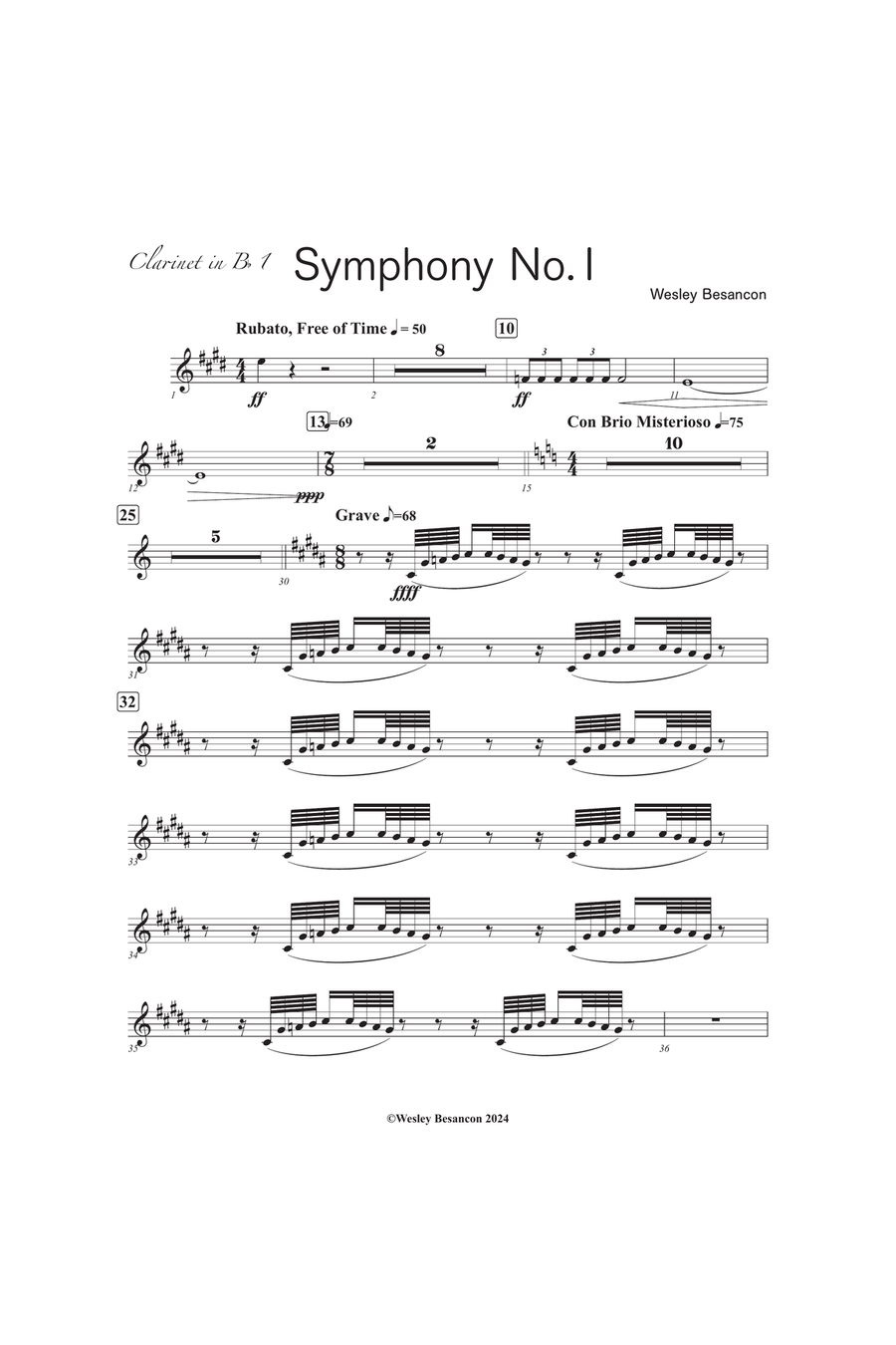 Symphony No. 1 (1st Clarinet in Bb) B-Flat Clarinet scores gallery preview page 1