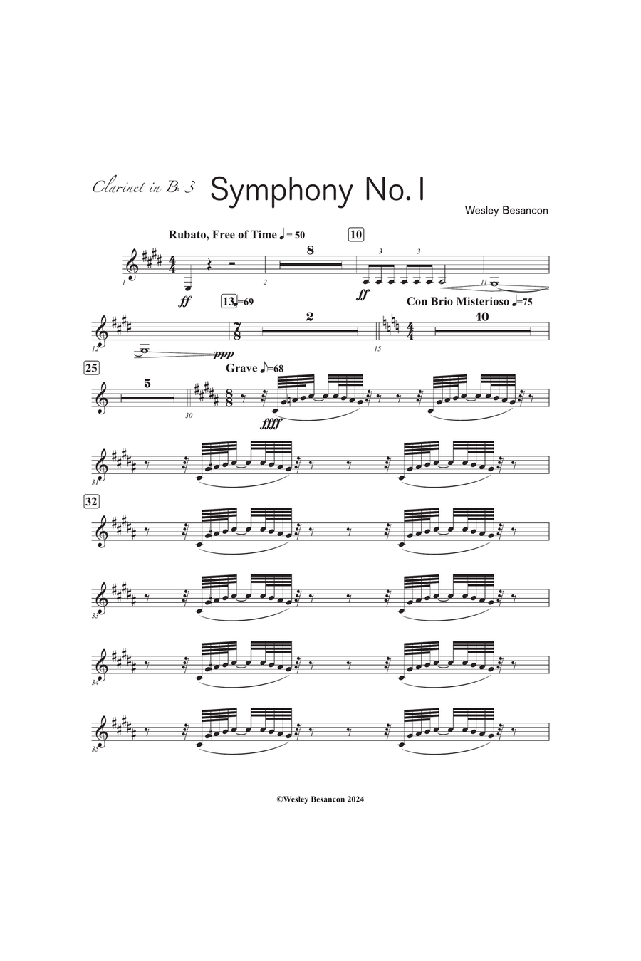 Symphony No. 1 (3rd Clarinet in Bb) B-Flat Clarinet scores gallery preview page 1
