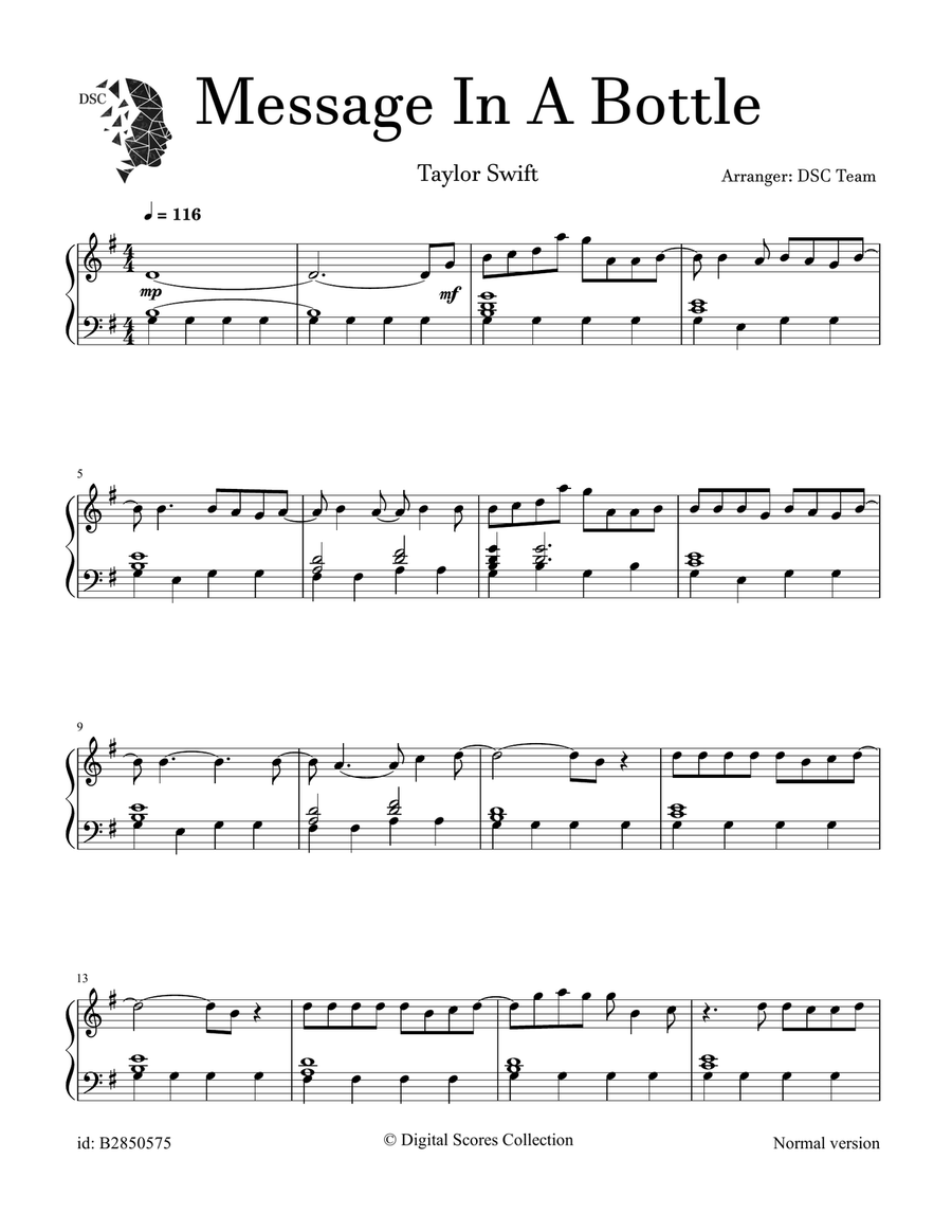 Message In A Bottle Taylor S Version From The Vault Piano Solo scores gallery preview page 1