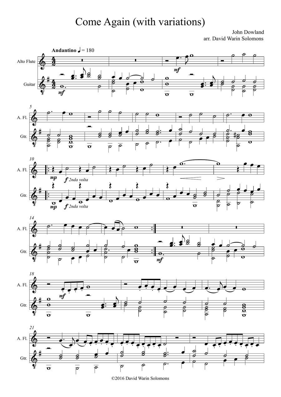 Come again sweet love doth now invite (John Dowland) arranged for alto flute and guitar Flute scores gallery preview page 1