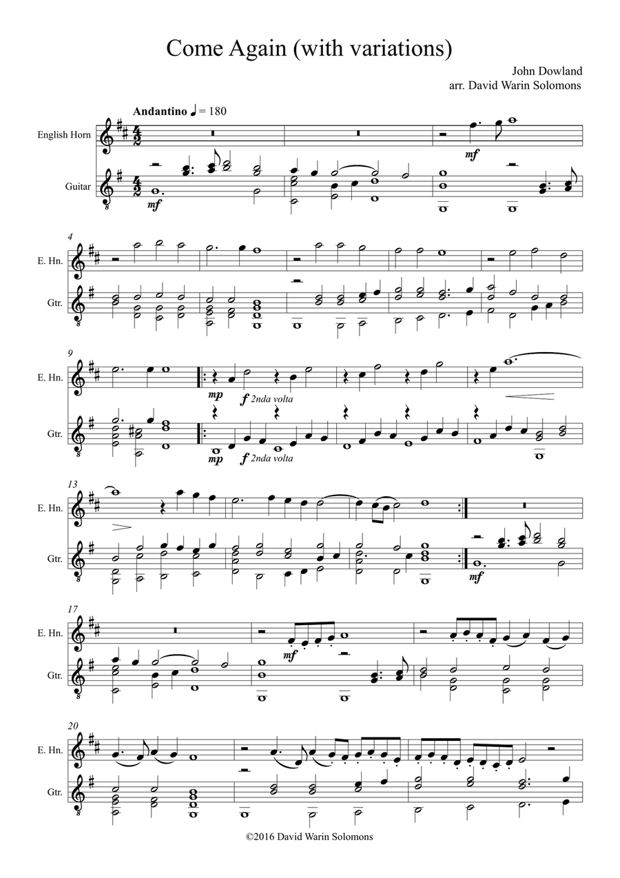 Come again sweet love doth now invite (John Dowland) arranged for cor anglais and guitar English Horn scores gallery preview page 1
