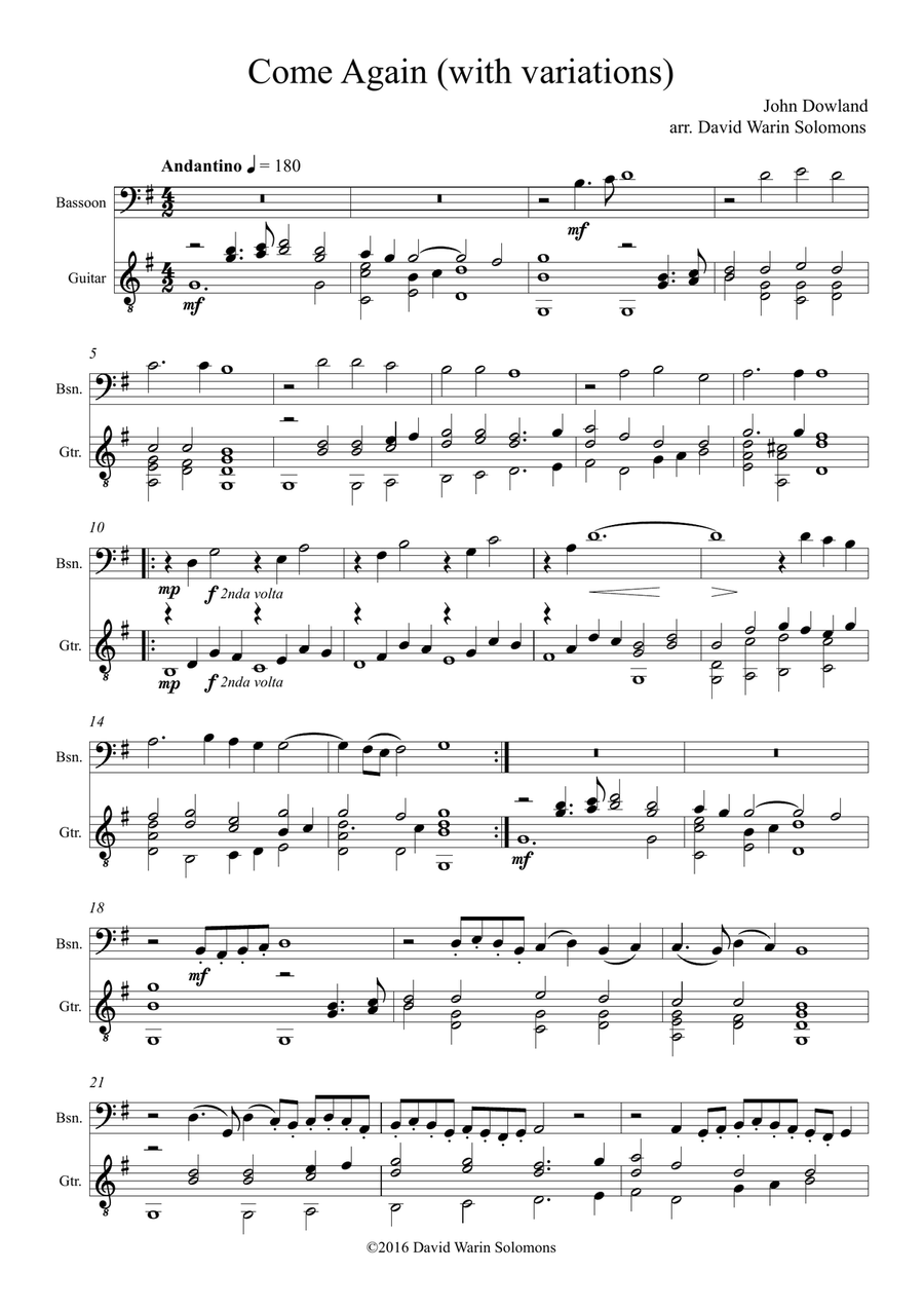 Come again sweet love doth now invite (John Dowland) arranged for bassoon and guitar Bassoon scores gallery preview page 1