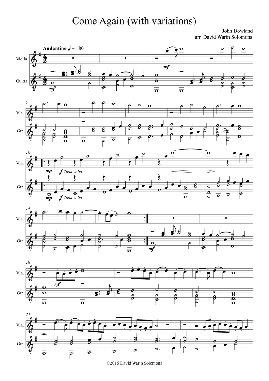 Come again sweet love doth now invite (John Dowland) arranged for violin and guitar String Duet scores gallery preview page 1