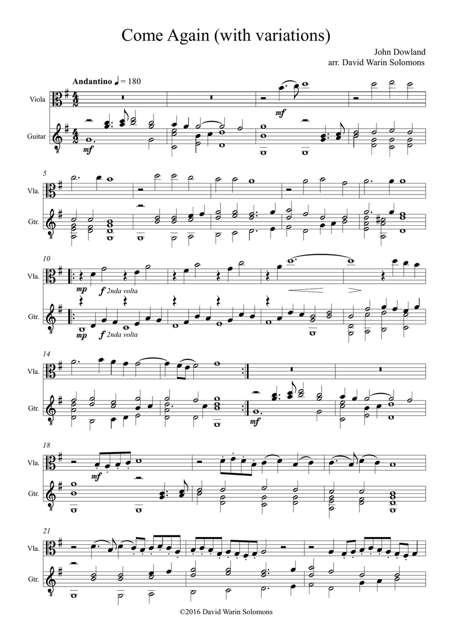 Come again sweet love doth now invite (John Dowland) arranged for viola and guitar String Duet scores gallery preview page 1