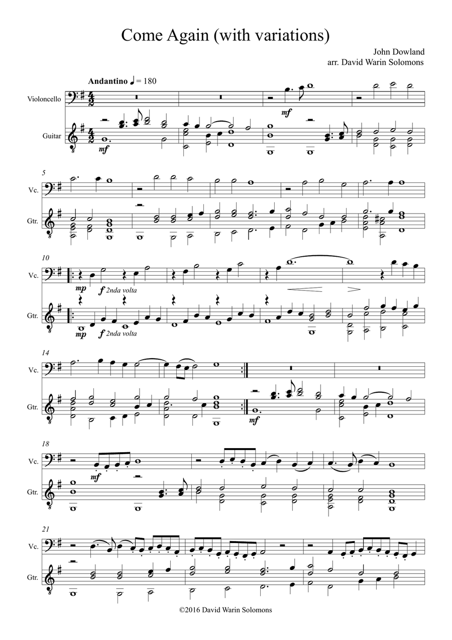 Come again sweet love doth now invite (John Dowland) arranged for cello and guitar String Duet scores gallery preview page 1