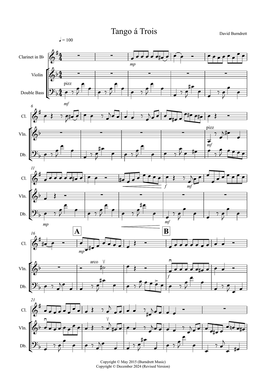 Tango a Trios for Clarinet, Violin and Double Bass Trio Small Ensemble scores gallery preview page 1