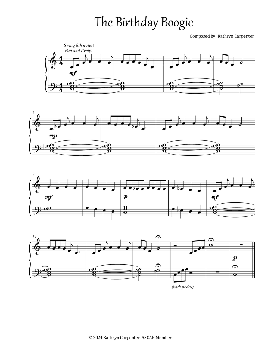 The Birthday Boogie (Easy Jazz Piano, Level 1 or 2) Easy Piano scores gallery preview page 1
