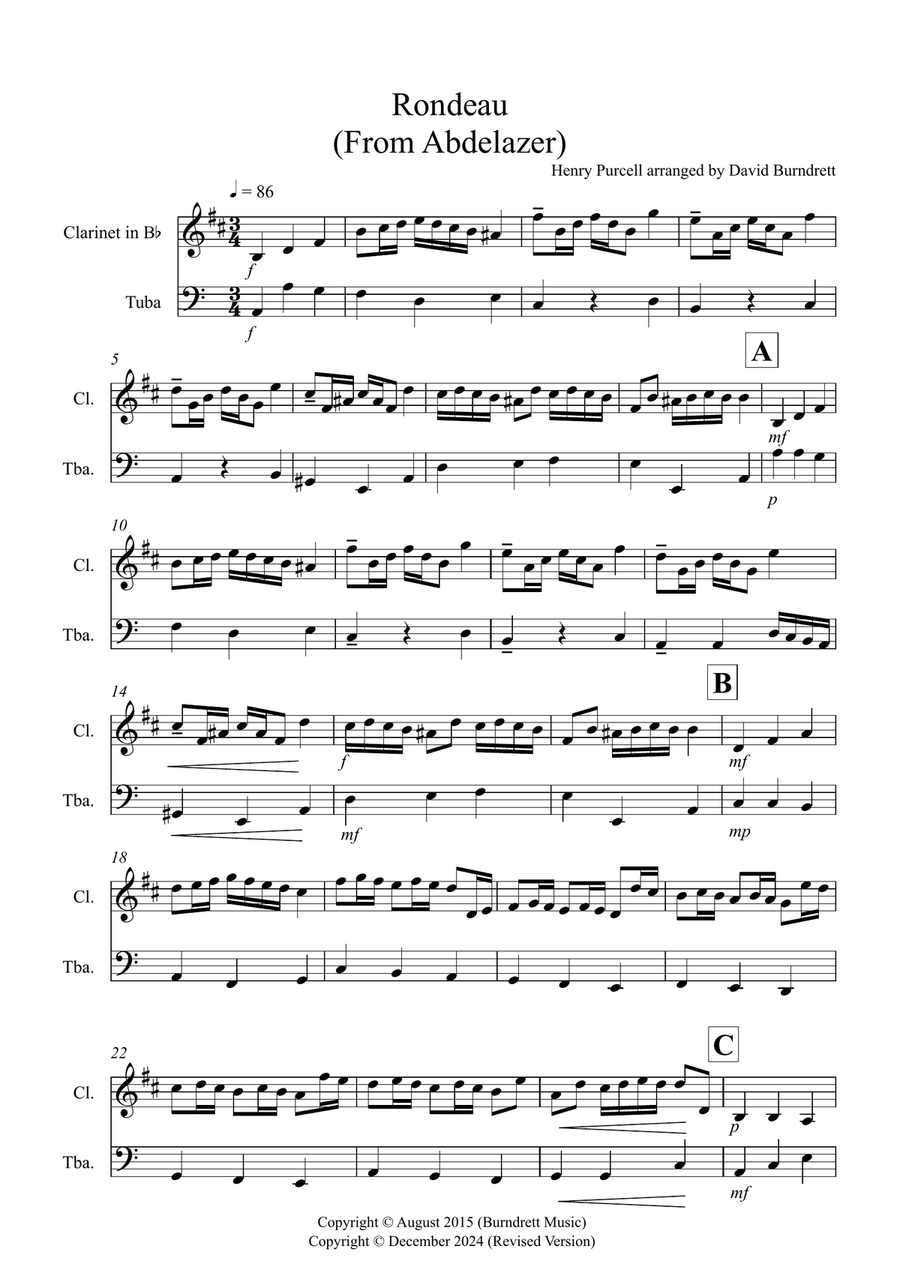 Rondeau (from Abdelazer) for Clarinet and Tuba Duet B-Flat Clarinet scores gallery preview page 1