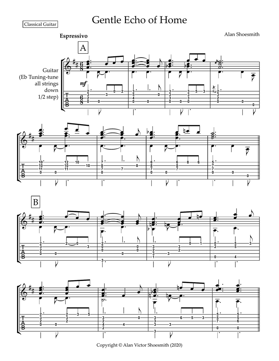 Gentle Echo of Home - guitar solo (guitar with tab & standard notation only) Acoustic Guitar scores gallery preview page 1