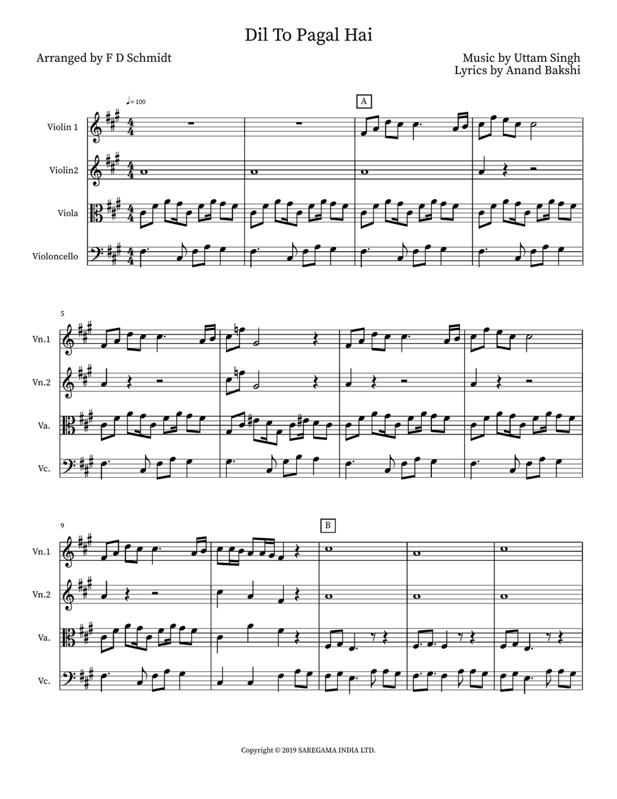Are Re Are Dil To Pagal Hai String Quintet scores gallery preview page 1