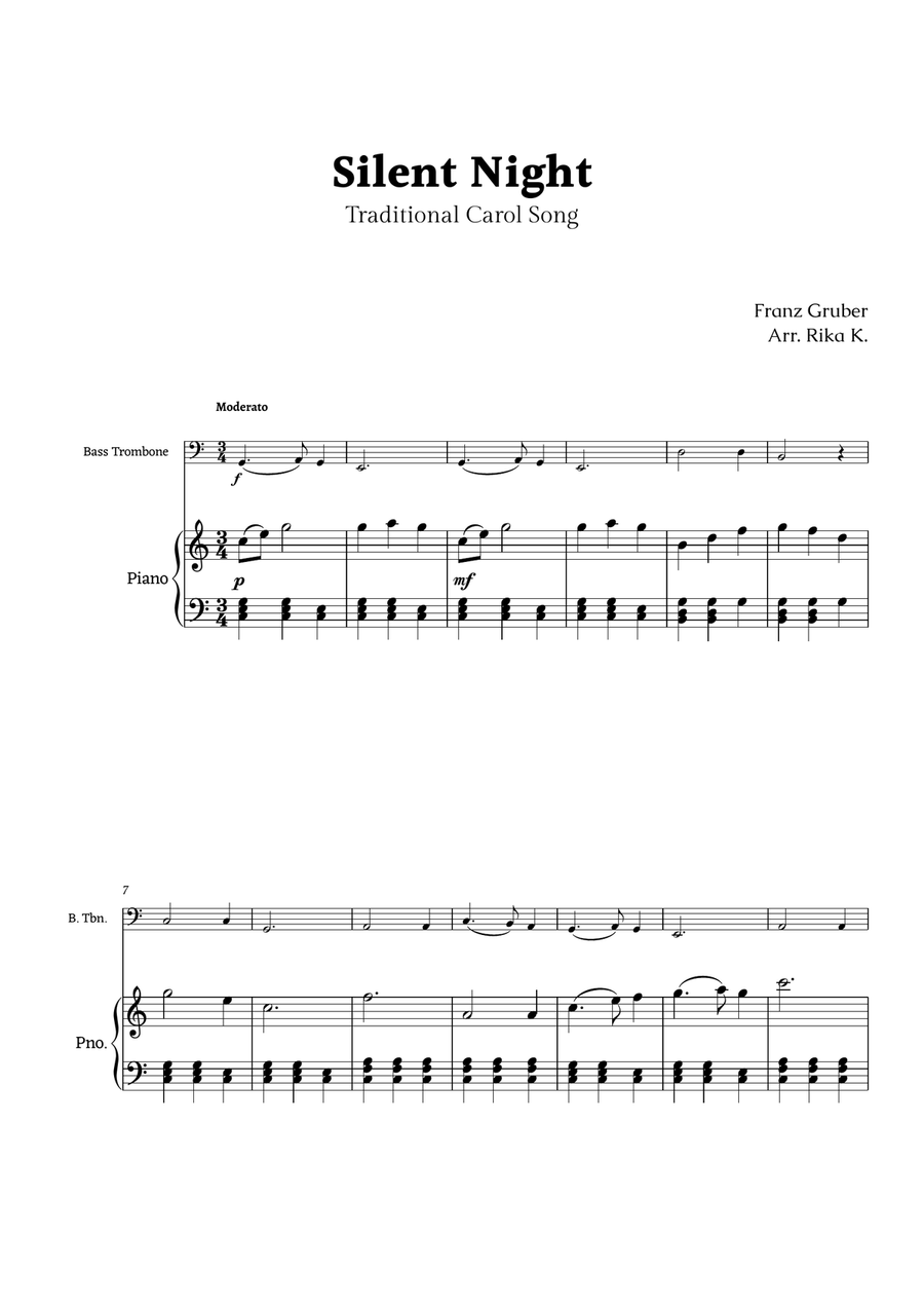 Silent Night for Bass Trombone and Piano Chamber Music scores gallery preview page 1
