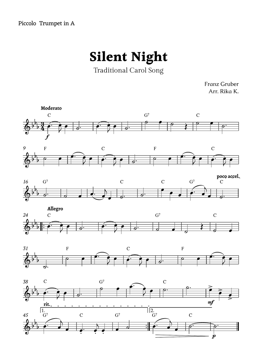 Silent Night for Piccolo Trumpet in A Solo A Trumpet scores gallery preview page 1