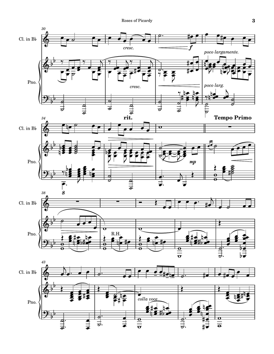 Roses of Picardy (Haydn Wood). Arranged for Solo Bb soprano clarinet with piano accompaniment. B-Flat Clarinet scores gallery preview page 3
