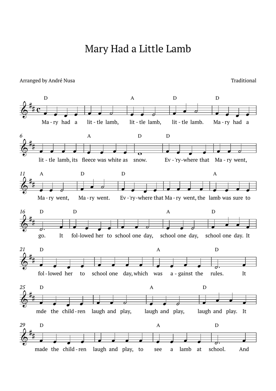 Mary Had a Little Lamb (D major) Piano scores gallery preview page 1
