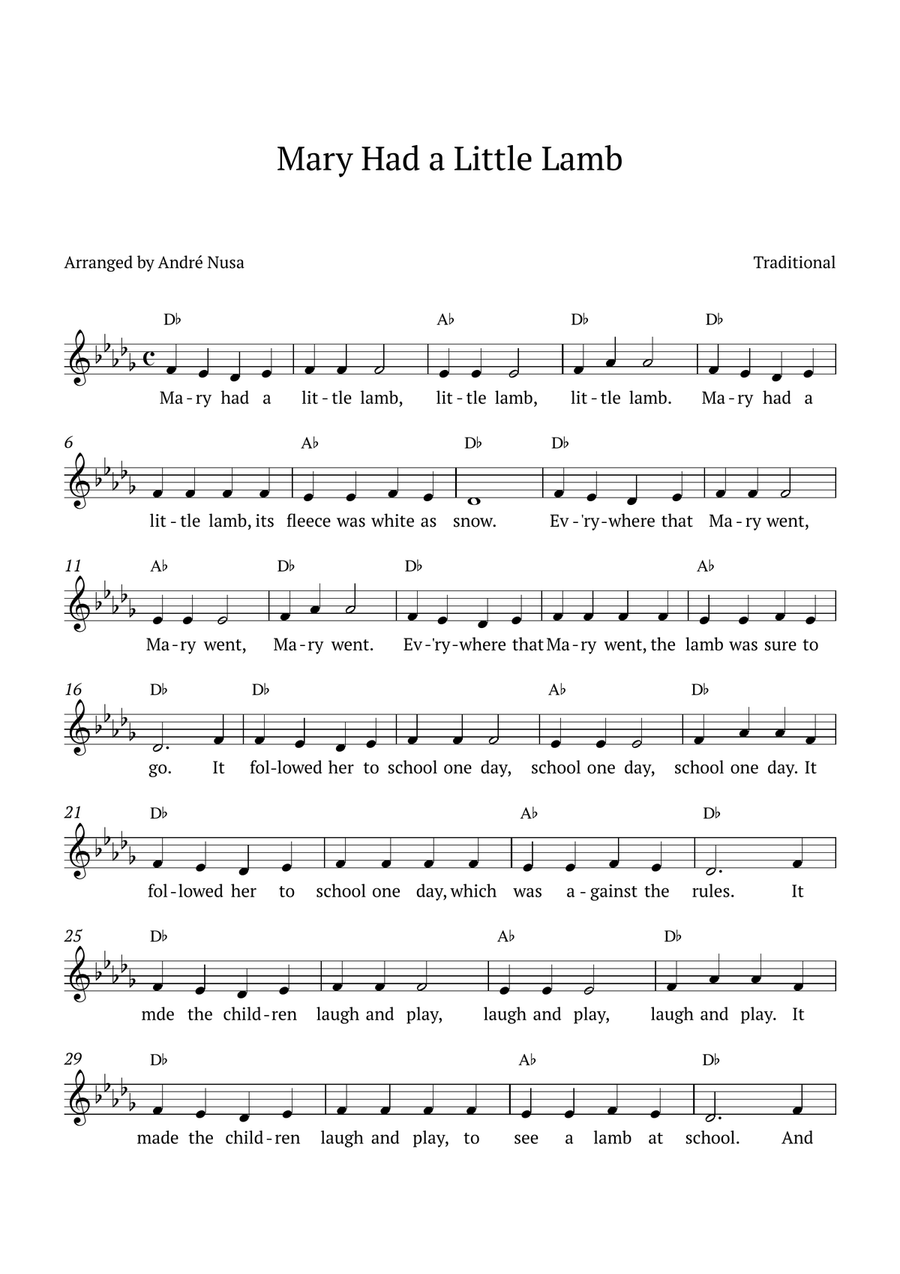 Mary Had a Little Lamb (Db major) Piano scores gallery preview page 1