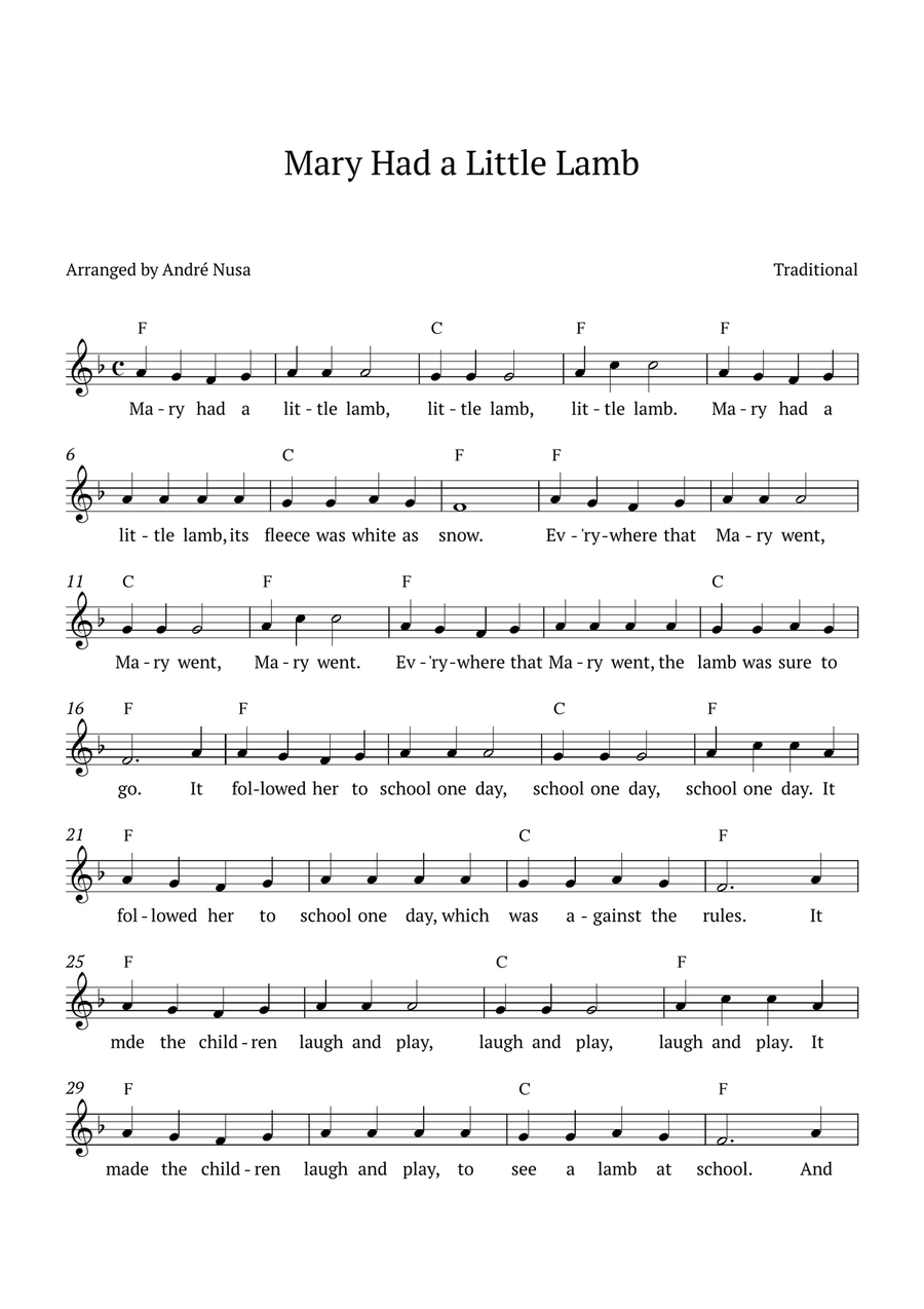 Mary Had a Little Lamb (F major) Piano scores gallery preview page 1