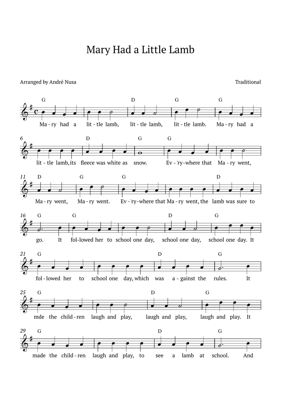 Mary Had a Little Lamb (G major) Piano scores gallery preview page 1