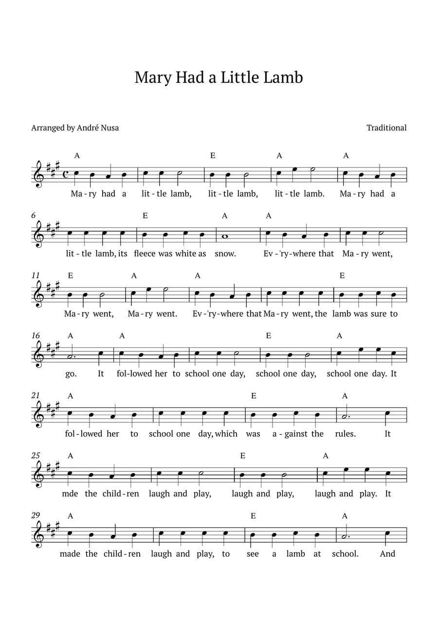 Mary Had a Little Lamb (A major) Piano scores gallery preview page 1