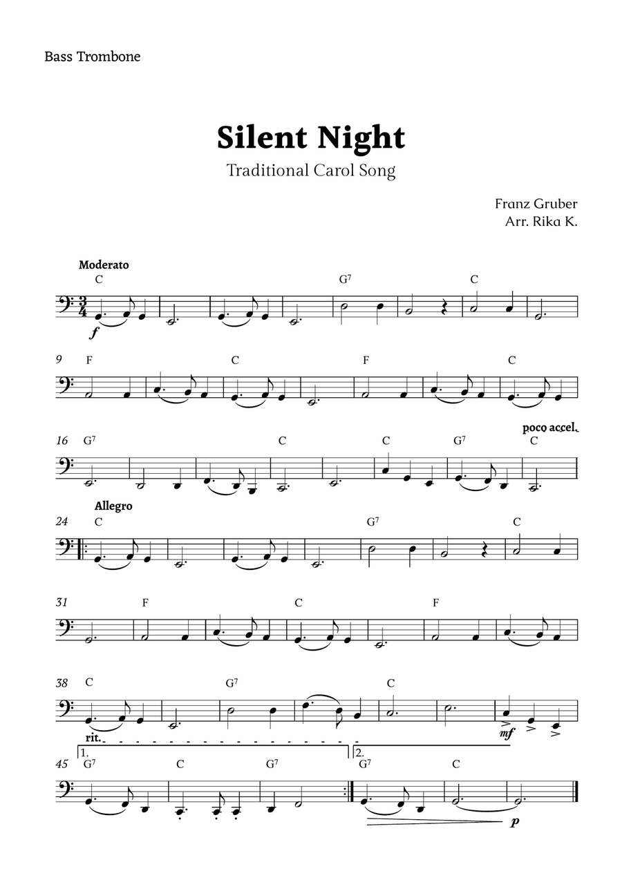 Silent Night for Bass Trombone Solo Bass Trombone scores gallery preview page 1