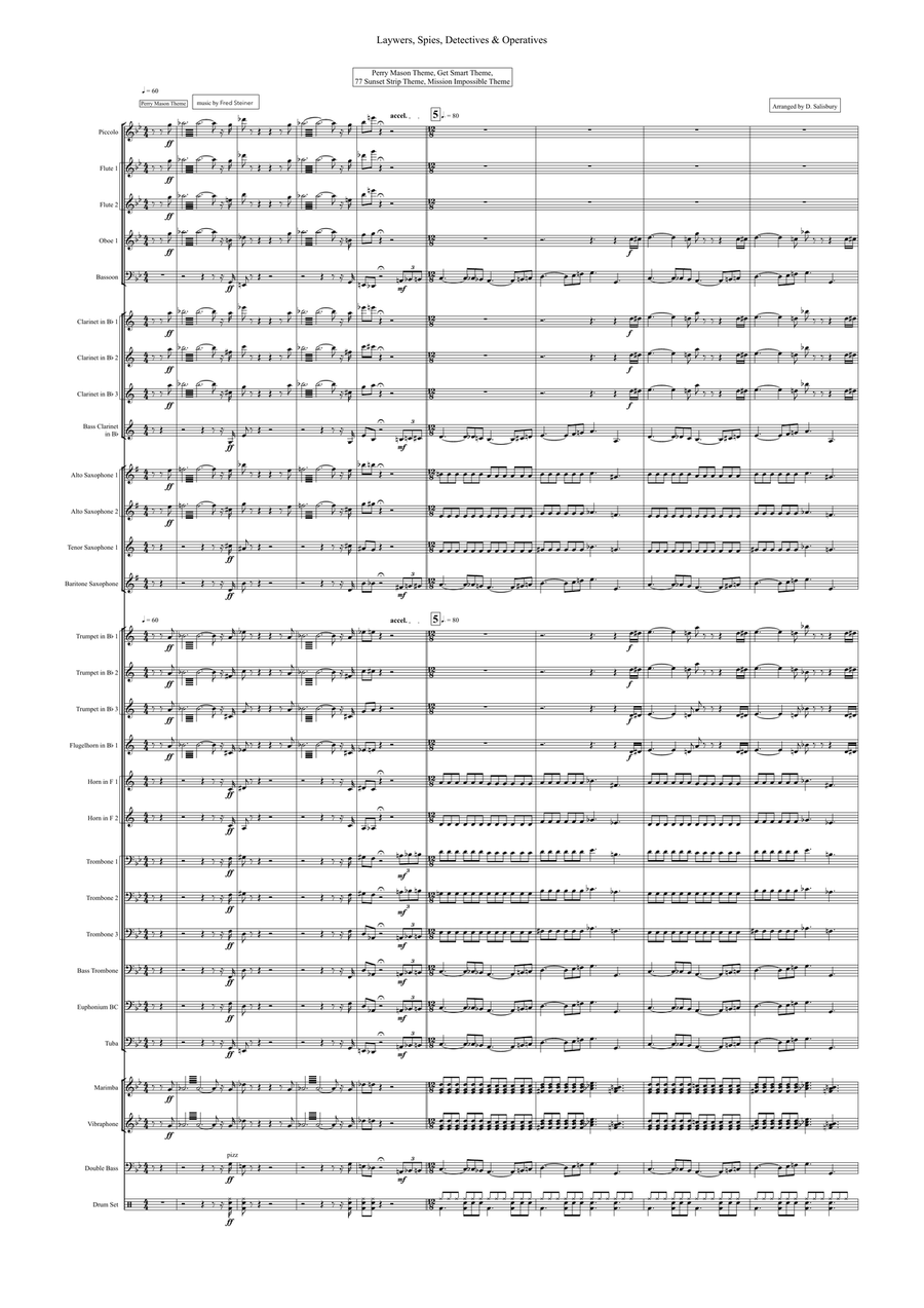 Medley: Perry Mason Theme with Get Smart Theme (Look Two), 77 Sunset Strip, and Mission: Impossib... Concert Band scores gallery preview page 1