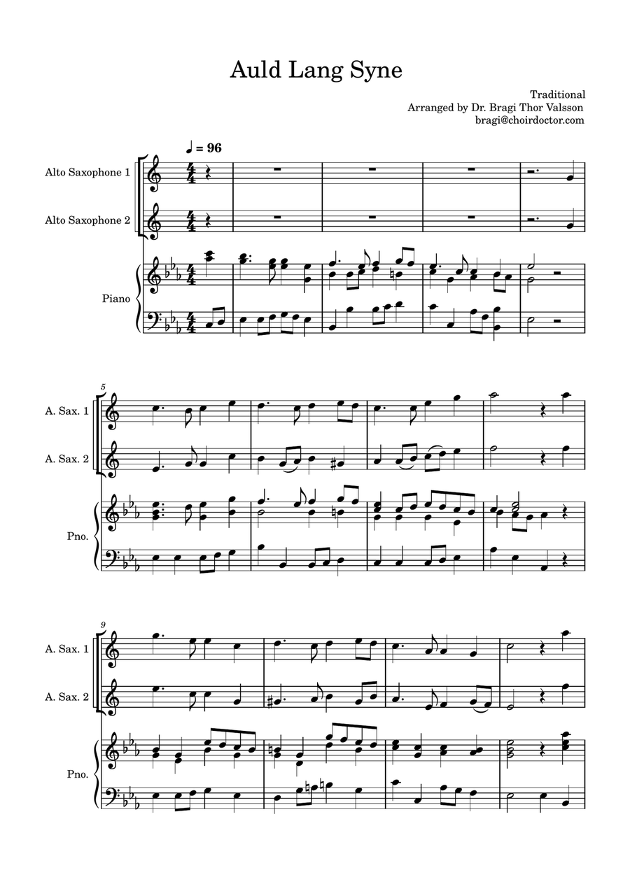 Auld Lang Syne - two Alto Saxophones with Piano accompaniment Woodwind Duet scores gallery preview page 2