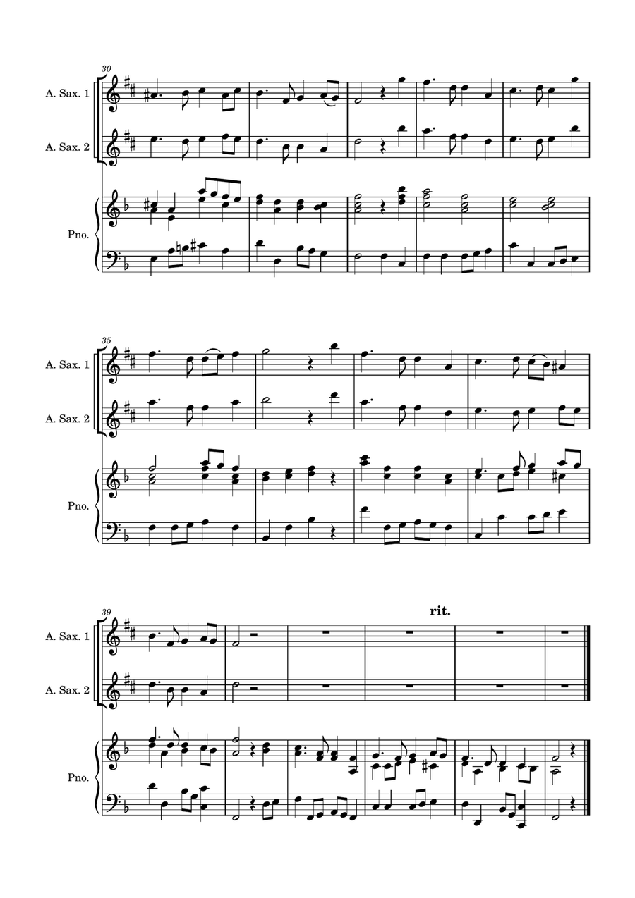 Auld Lang Syne - two Alto Saxophones with Piano accompaniment Woodwind Duet scores gallery preview page 4