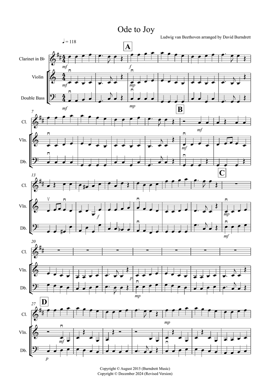 Ode to Joy for Clarinet, Violin and Double Bass Trio Small Ensemble scores gallery preview page 1