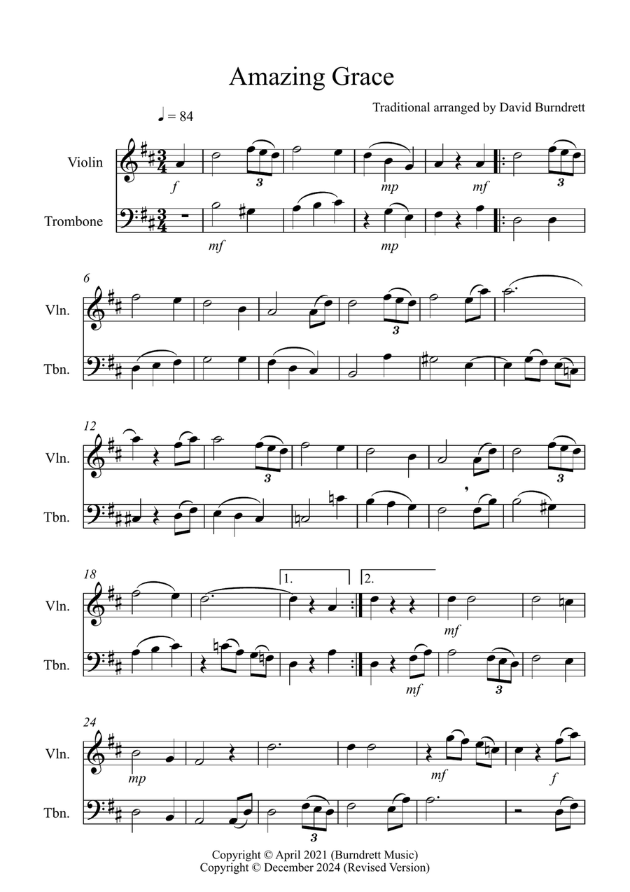 Amazing Grace for Violin and Trombone Duet Trombone scores gallery preview page 1