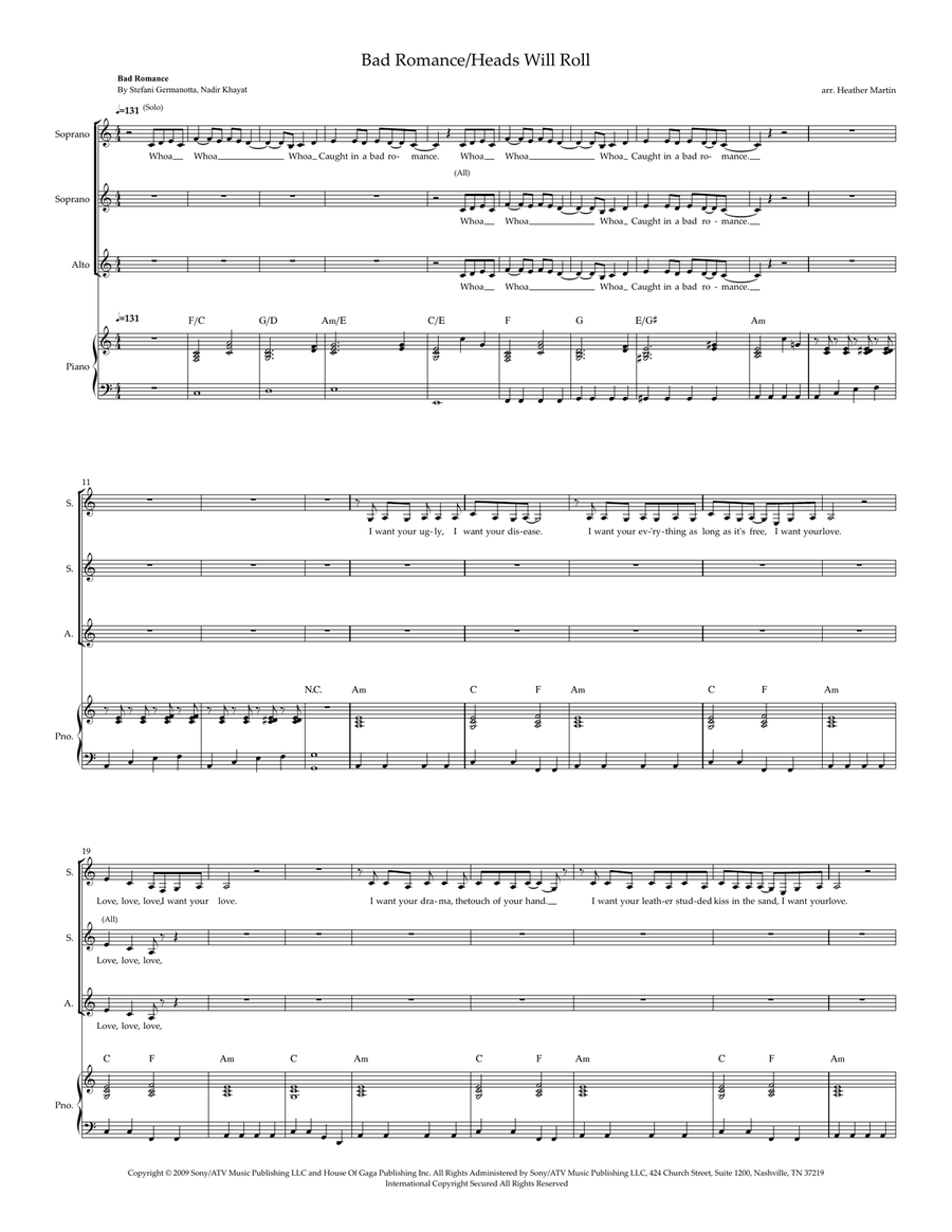 Medley: Bad Romance with Heads Will Roll SSA scores gallery preview page 1