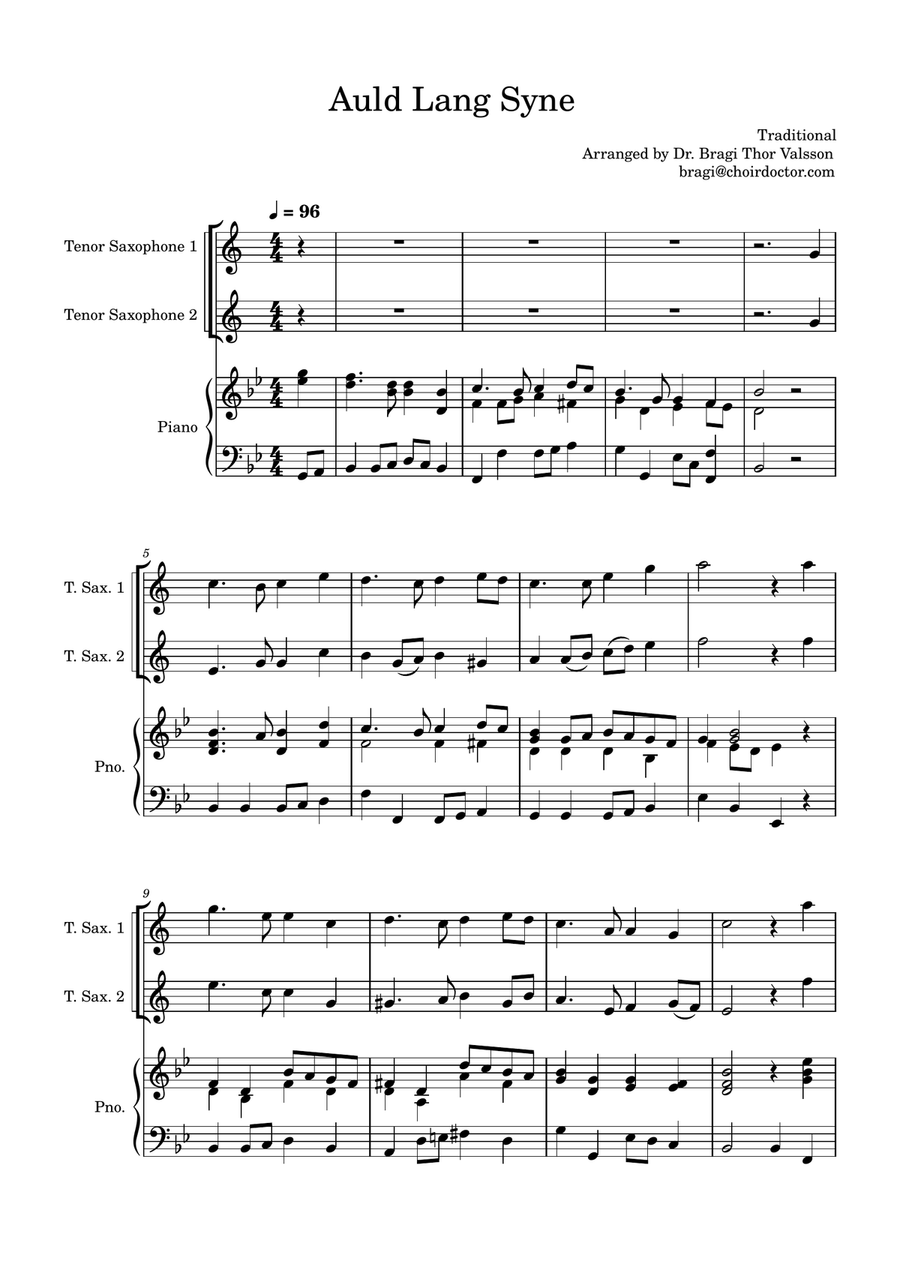Auld Lang Syne - two Tenor Saxophones with Piano accompaniment Woodwind Duet scores gallery preview page 2