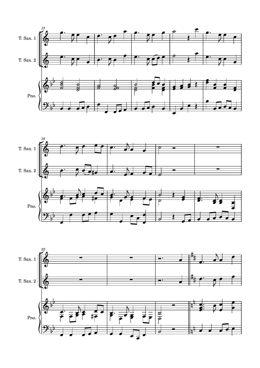 Auld Lang Syne - two Tenor Saxophones with Piano accompaniment Woodwind Duet scores gallery preview page 3