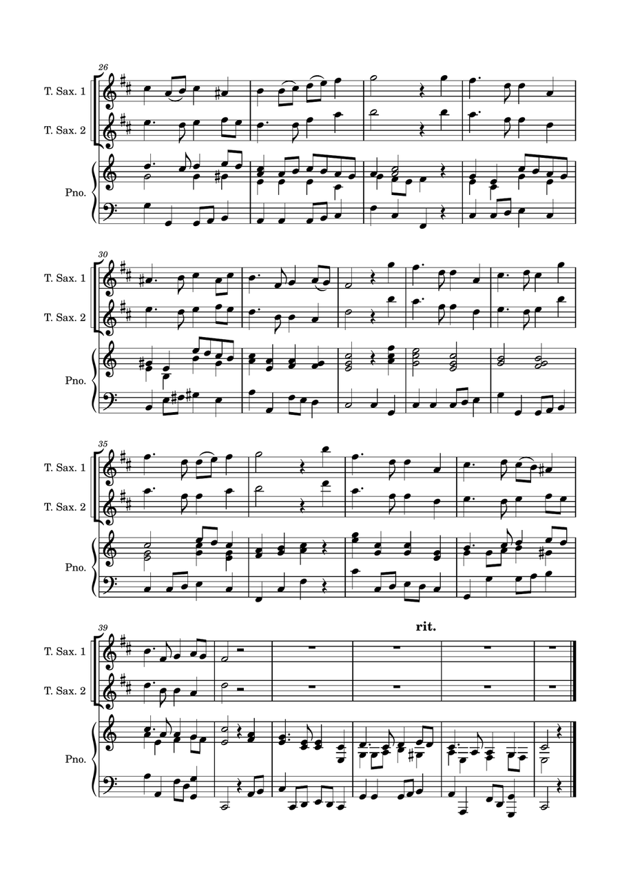 Auld Lang Syne - two Tenor Saxophones with Piano accompaniment Woodwind Duet scores gallery preview page 4