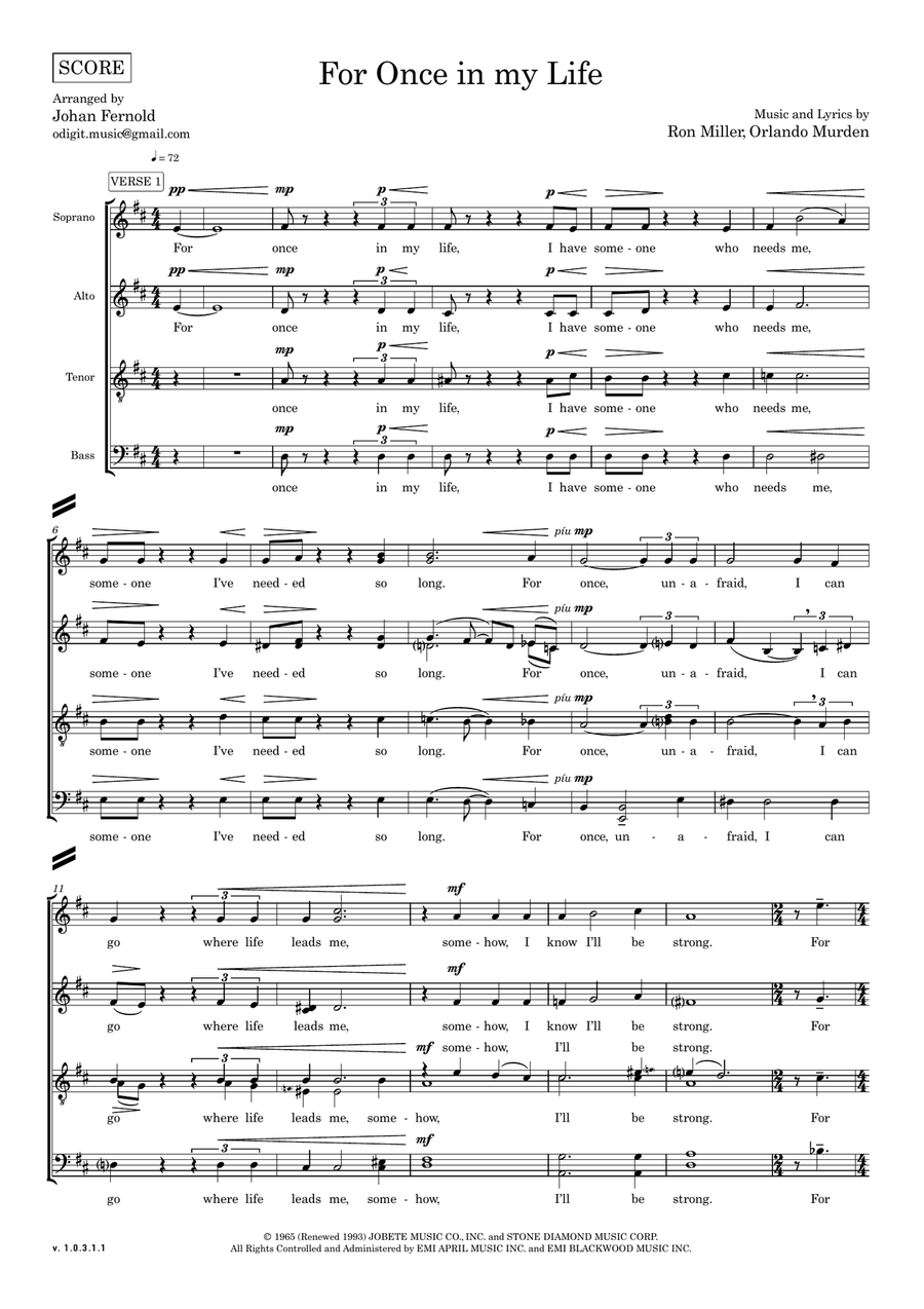 For Once In My Life 4-Part scores gallery preview page 2