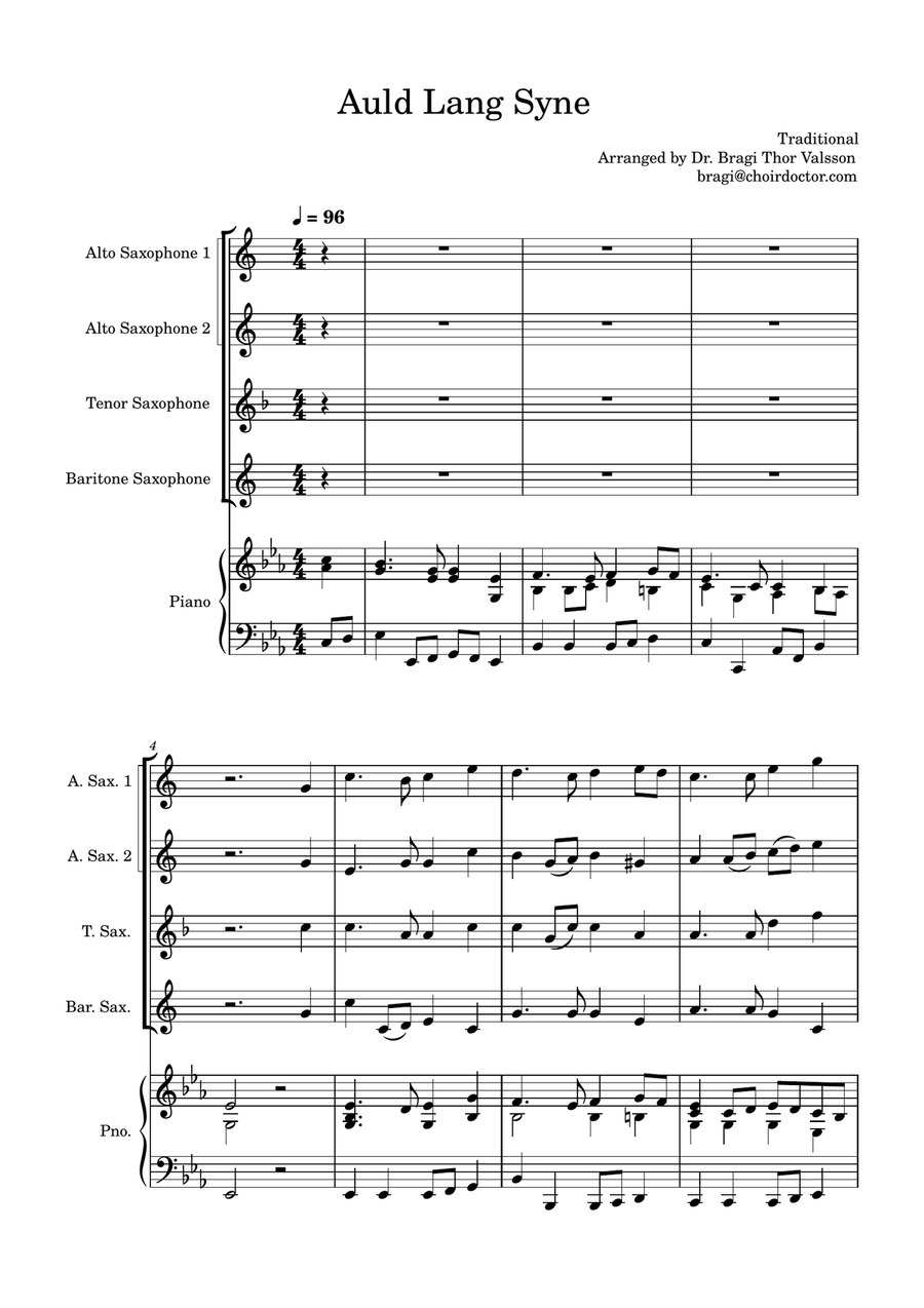 Auld Lang Syne - Saxophone Quartet with optional Piano accompaniment Woodwind Ensemble scores gallery preview page 2