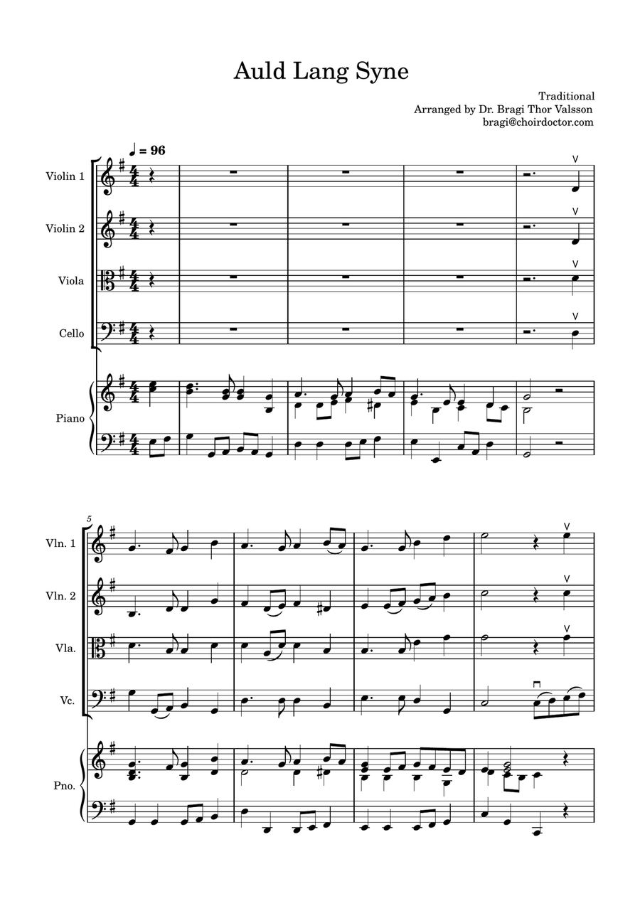 Auld Lang Syne - String Quartet with optional Piano accompaniment String Quartet scores gallery preview page 2