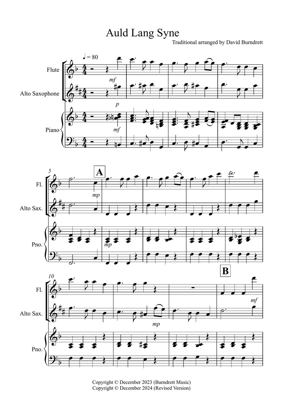Auld Lang Syne for Flute and Alto Saxophone Duet Woodwind Duet scores gallery preview page 1
