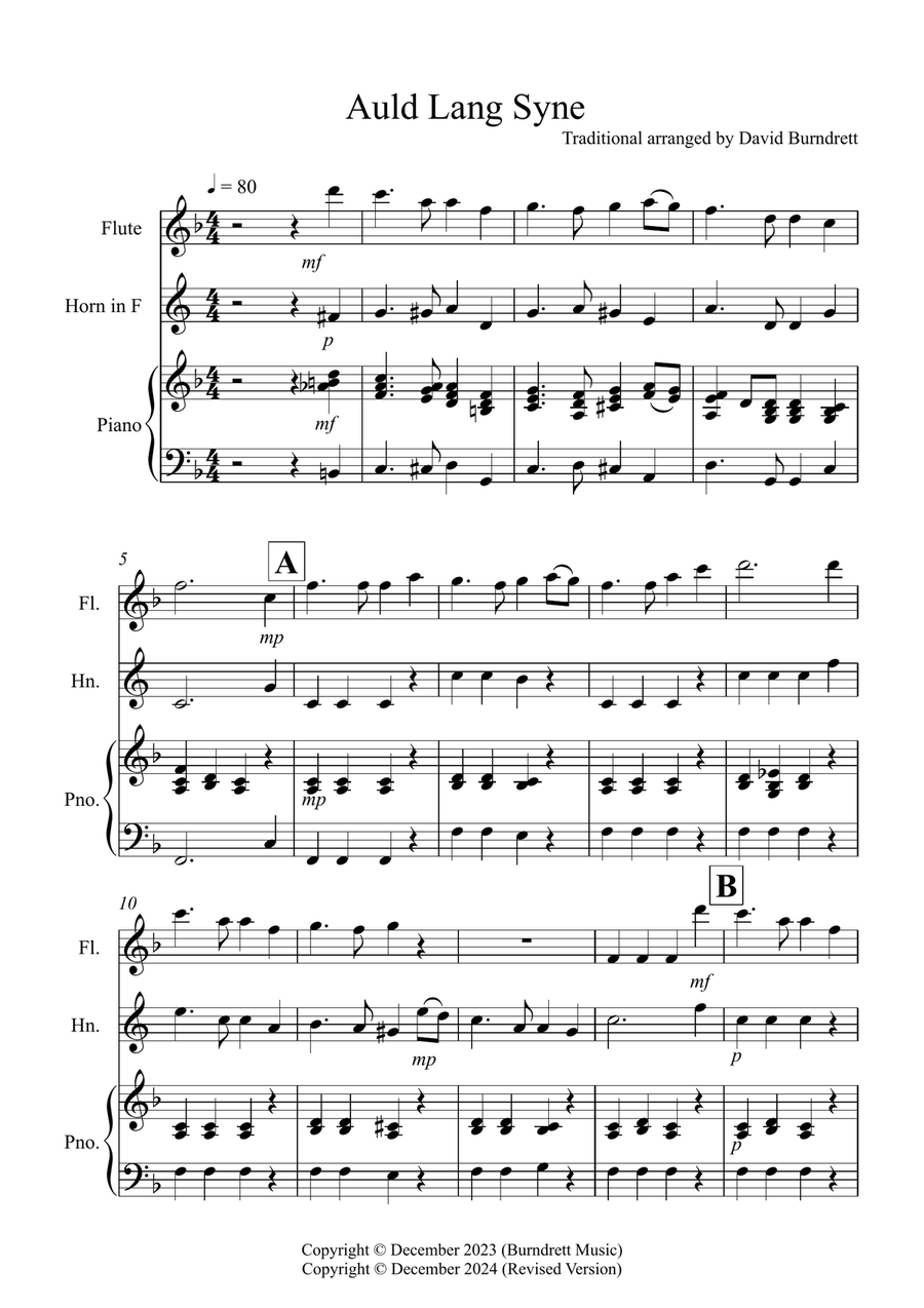 Auld Lang Syne for Flute and Horn Duet Woodwind Duet scores gallery preview page 1
