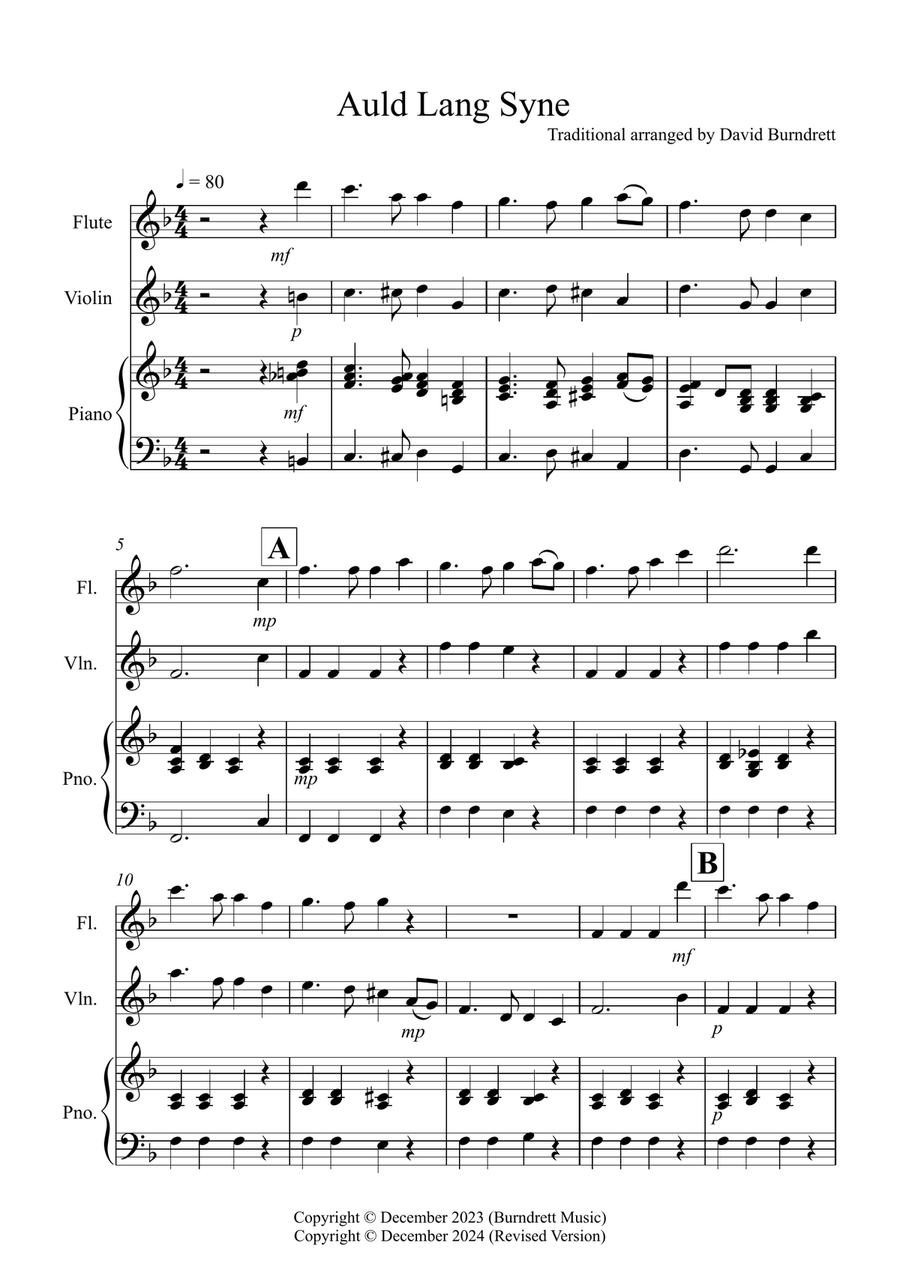 Auld Lang Syne for Flute and Violin Duet Flute scores gallery preview page 1