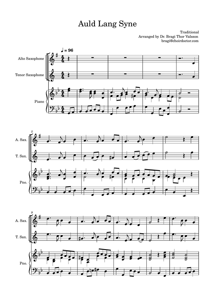 Auld Lang Syne - Alto and Tenor Saxophones with Piano accompaniment Woodwind Duet scores gallery preview page 2
