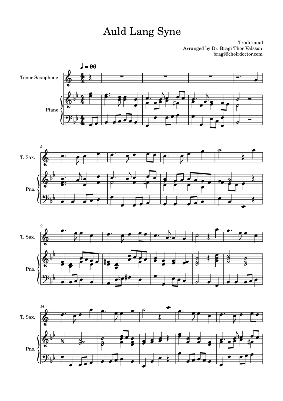 Auld Lang Syne - Tenor Saxophone with Piano accompaniment Tenor Saxophone scores gallery preview page 2