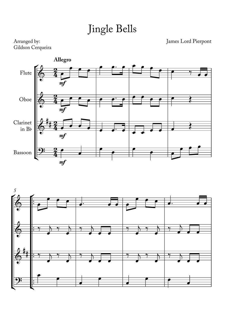 Jingle Bells Woodwind Quartet scores gallery preview page 1