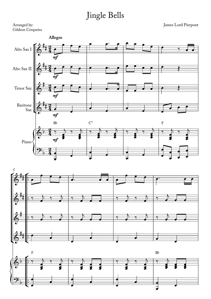Jingle Bells Saxophone Quartet scores gallery preview page 1