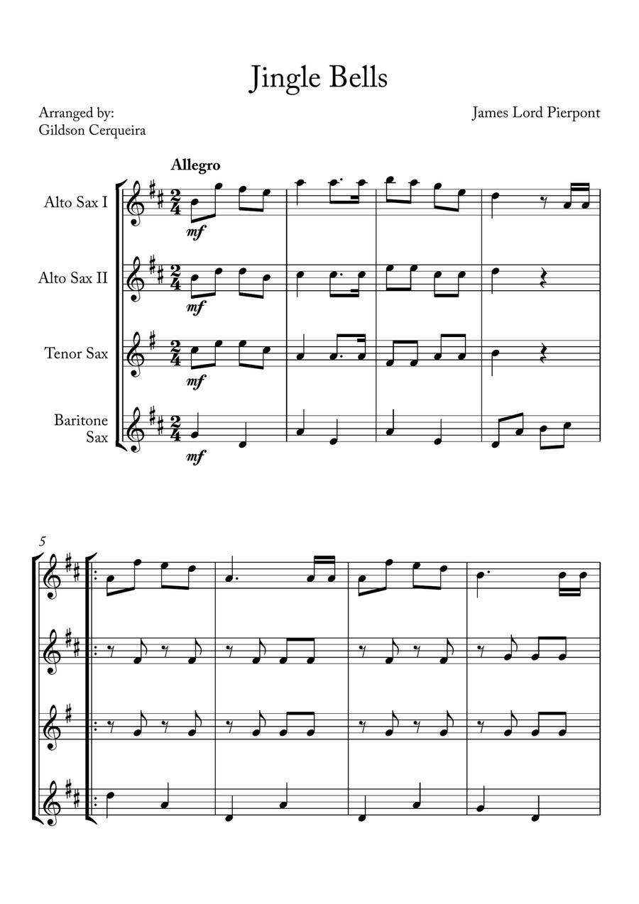 Jingle Bells Saxophone Quartet scores gallery preview page 1