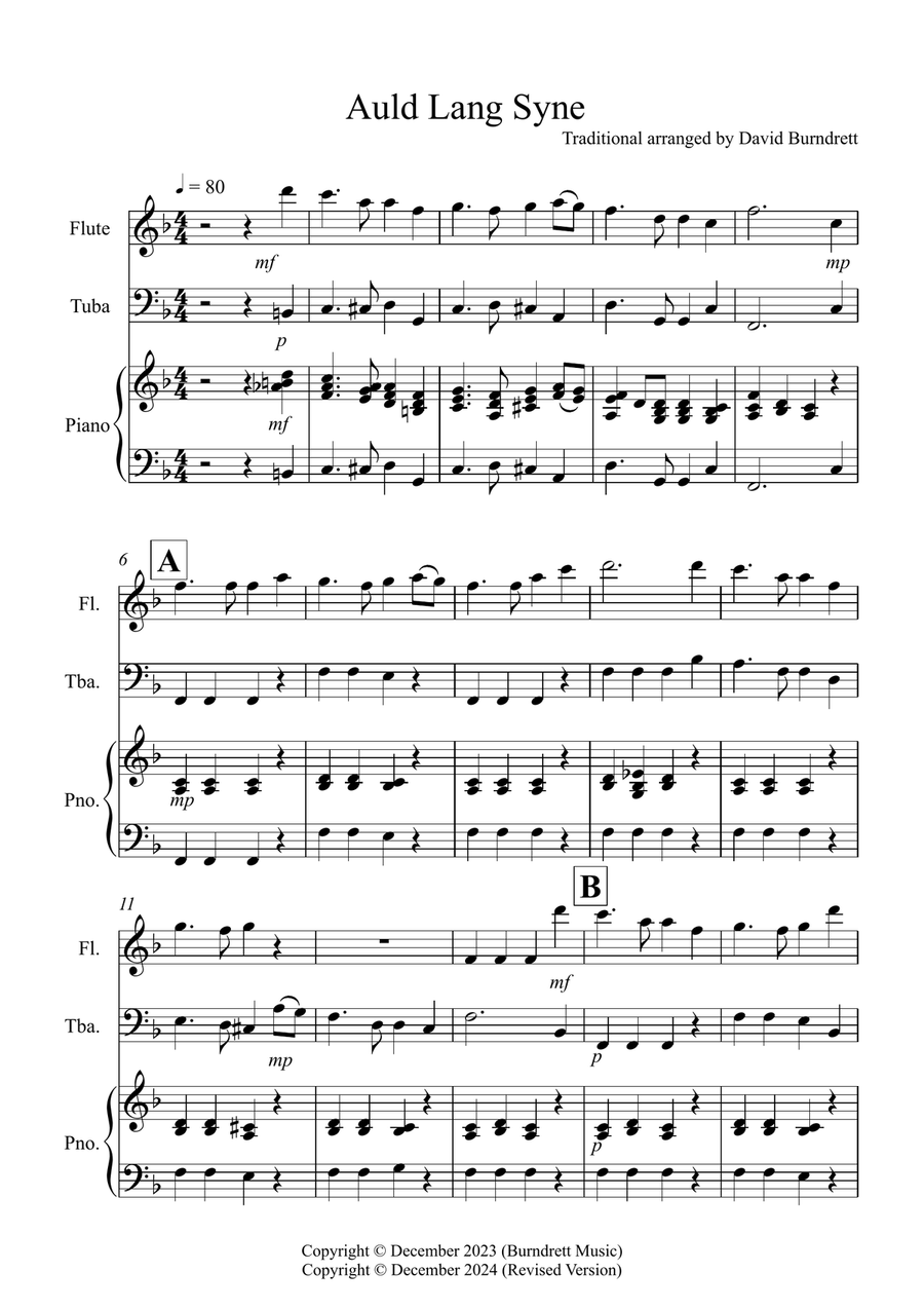 Auld Lang Syne for Flute and Tuba Duet Flute scores gallery preview page 1