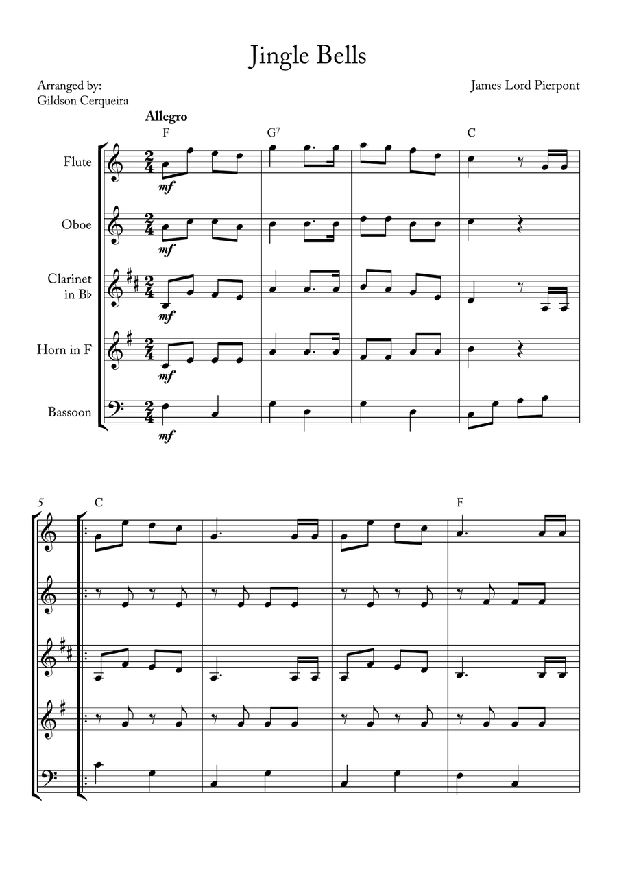 Jingle Bells Woodwind Quintet scores gallery preview page 1