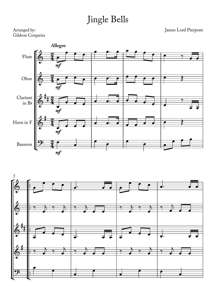 Jingle Bells Woodwind Quintet scores gallery preview page 1