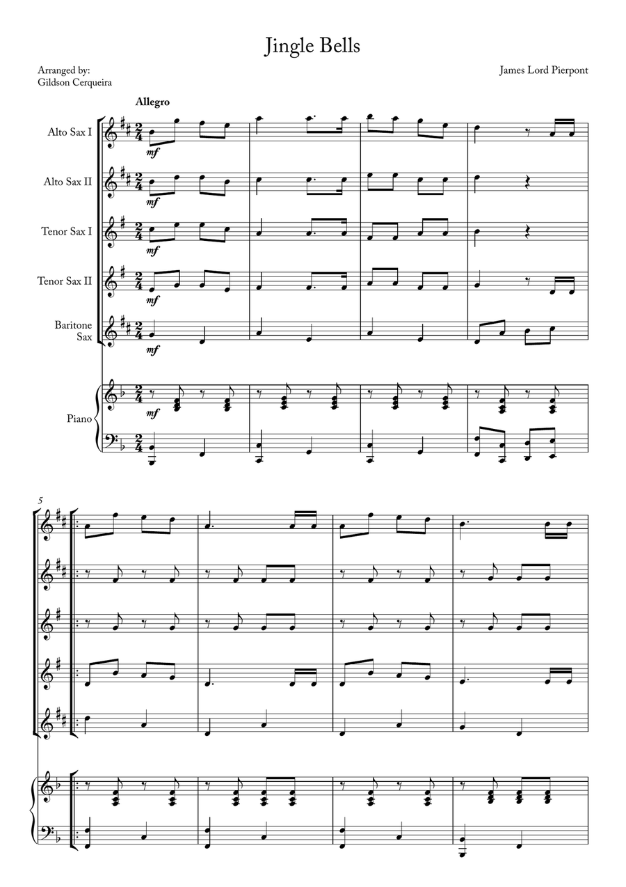 Jingle Bells Saxophone Quintet scores gallery preview page 1